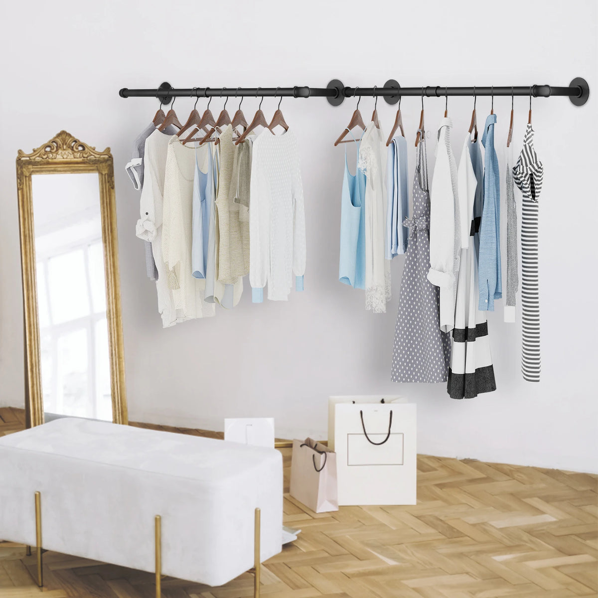 Pack Of 2 Industrial Pipe Clothes Rail Rack, Wall-mounted Garment Pipe Rack, Iron Closet Organizer