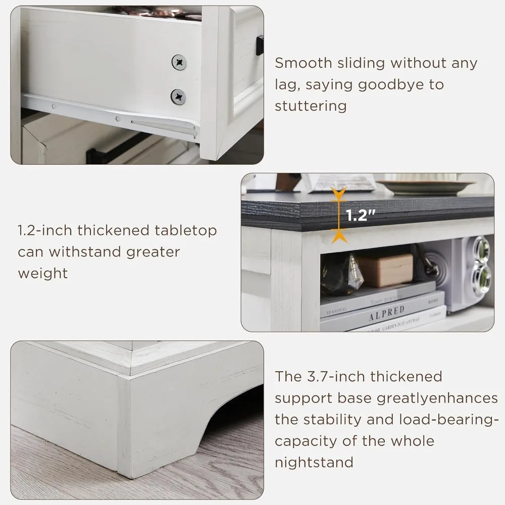 18 Inch Farmhouse Nightstands Set of 2, 2 Drawer Storage & Charging Station