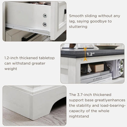18 Inch Farmhouse Nightstands Set of 2, 2 Drawer Storage & Charging Station