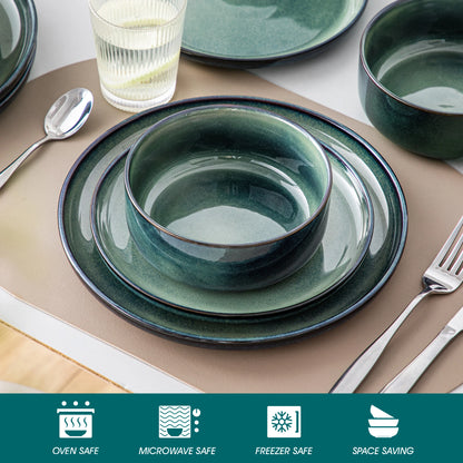 12/18 Piece Green Reactive Glaze Dinnerware Set, Scratch Resistant Stoneware Set with 4/6pcs Dinner Plate/Dessert/Bowl