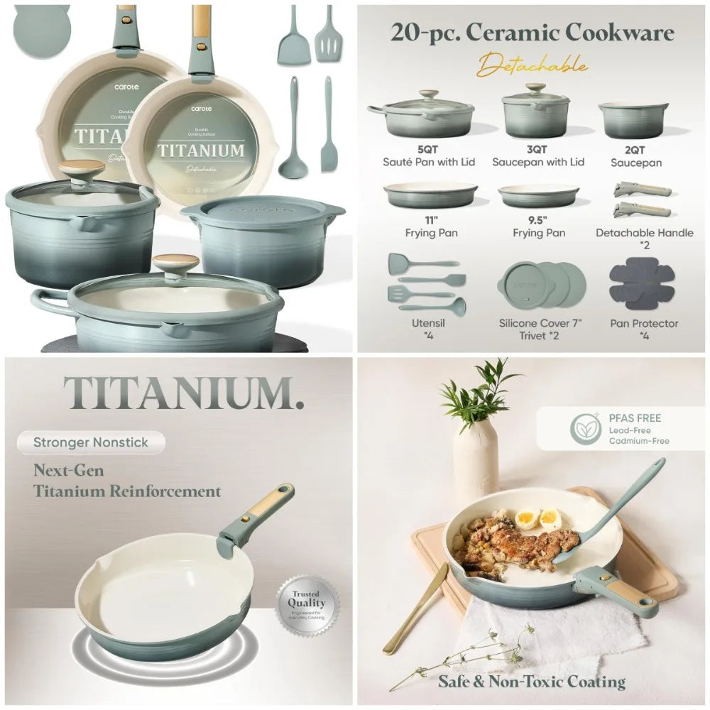20Pcs Titanium Cookware Set, Non Stick with Detachable Handle