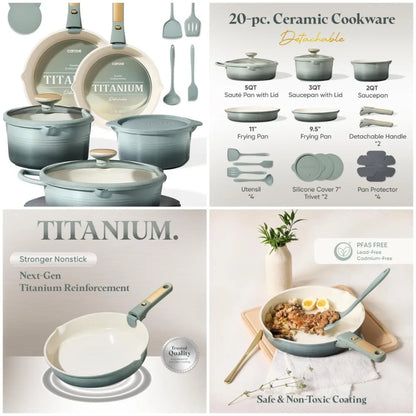 20Pcs Titanium Cookware Set, Non Stick with Detachable Handle