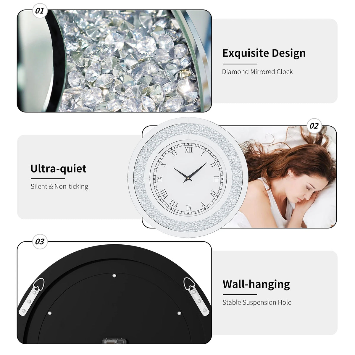 Silver/Tawny Tinted Round Mirror Clock, Crystal Bling Crush Diamond