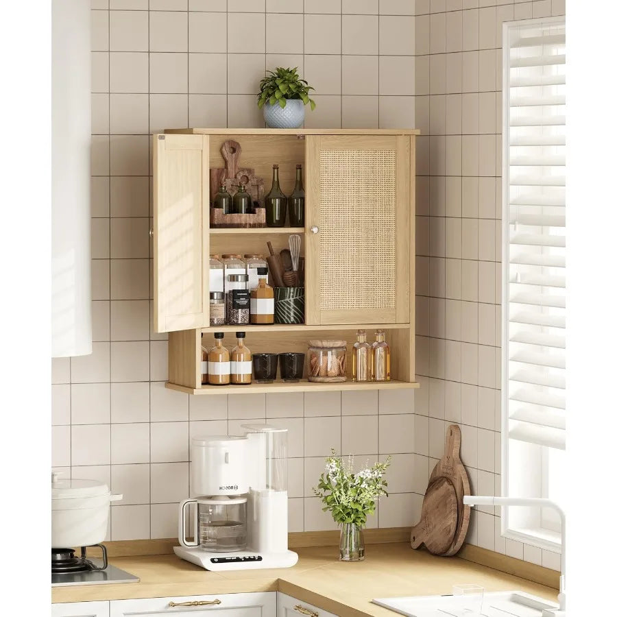 27.6" H Bathroom Wall Cabinet, Modern With Adjustable Shelf & 2 Rattan Doors