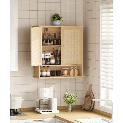 27.6" H Bathroom Wall Cabinet, Modern With Adjustable Shelf & 2 Rattan Doors