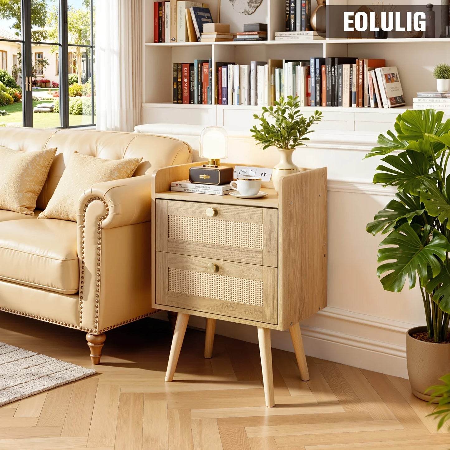 Set of 2 Nightstands with Charging Station, Modern Rattan, Solid Wood Legs