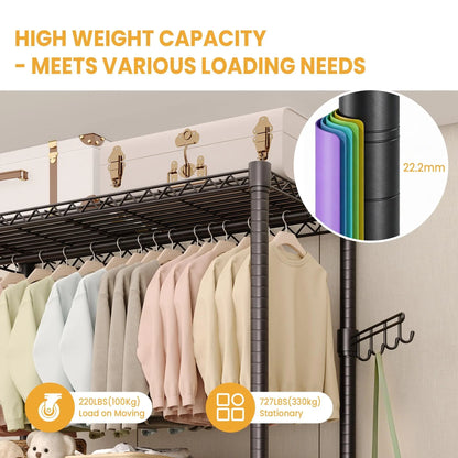 3-Tier Heavy Duty Rolling Metal Garment Rack With Adjustable Shelves & Dual Hanging Rods