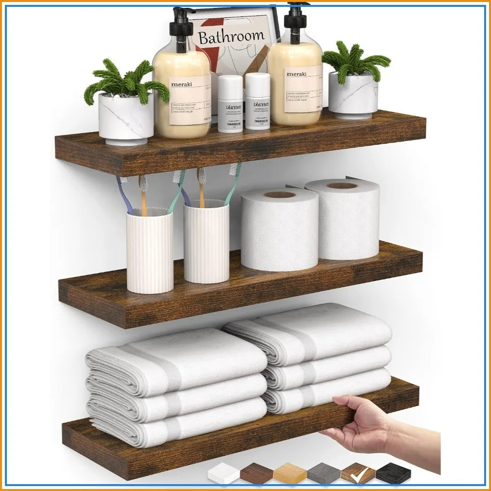 Set of 3 Rustic Brown Floating Shelves for Wall - Farmhouse Wood Storage