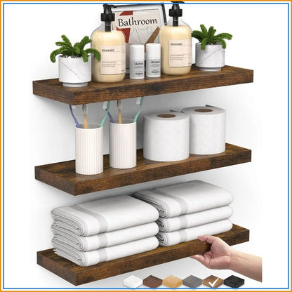 Set of 3 Rustic Brown Floating Shelves for Wall - Farmhouse Wood Storage
