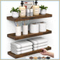 Set of 3 Rustic Brown Floating Shelves for Wall - Farmhouse Wood Storage