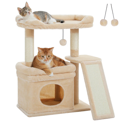 Small Cat Tree for Indoor Cat, Tower with Sisal Scratching Post and Pad, Wide Top Perch