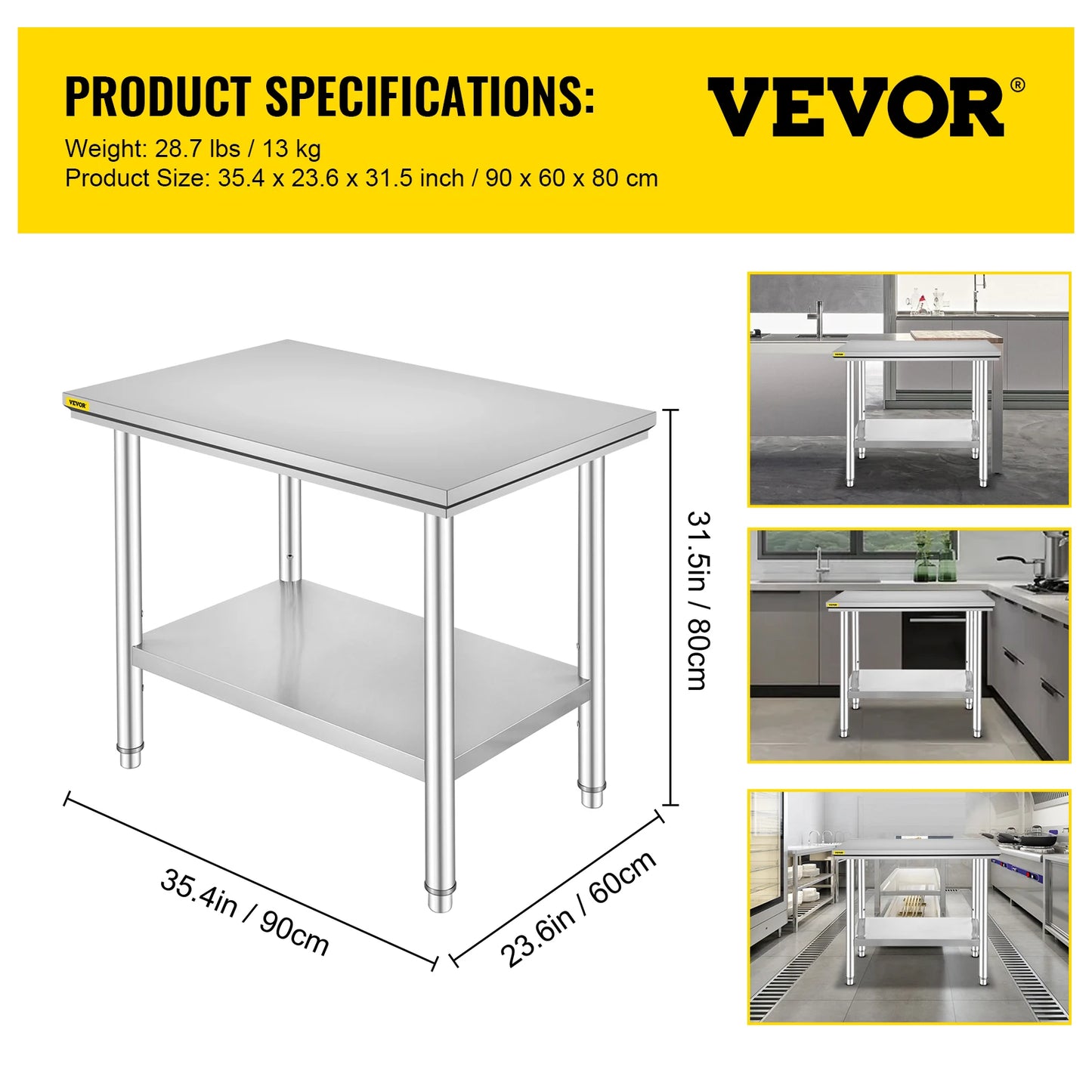 Kitchen Work Table for Commercial Catering, Garage, Restaurant with Undershelf, Stainless Steel