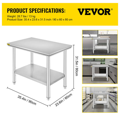 Kitchen Work Table for Commercial Catering, Garage, Restaurant with Undershelf, Stainless Steel