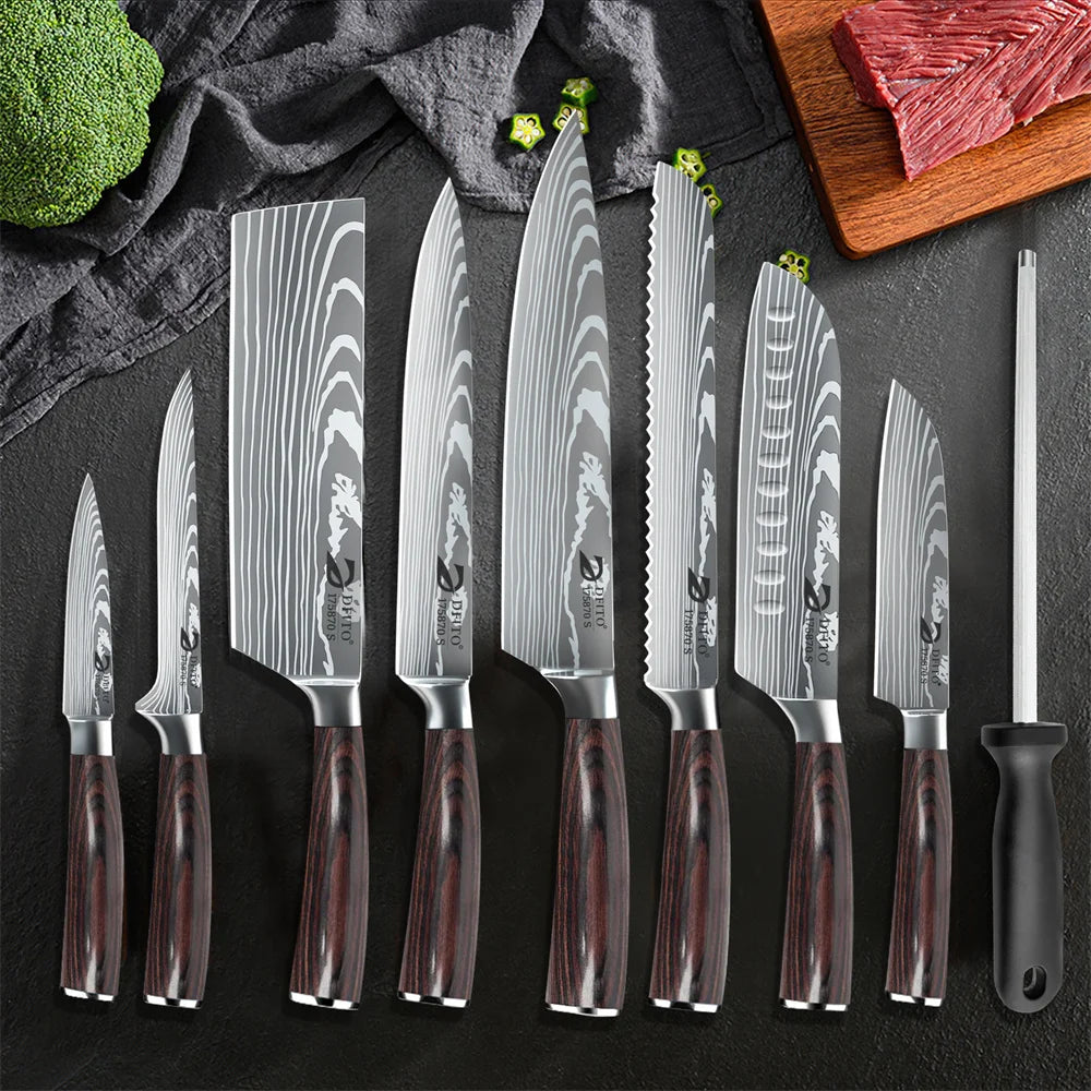8PCS Damascus Stainless Steel Kitchen Knife Set, Super Sharp Japanese Style Chef Santoku Cleaver, Slicing Boning Utility Paring Knives Complete Cooking Cutlery Kit with Portable Protective Nylon Carry Bag for Home Kitchen Che
