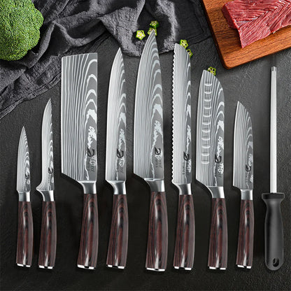 8PCS Damascus Stainless Steel Kitchen Knife Set, Super Sharp Japanese Style Chef Santoku Cleaver, Slicing Boning Utility Paring Knives Complete Cooking Cutlery Kit with Portable Protective Nylon Carry Bag for Home Kitchen Che