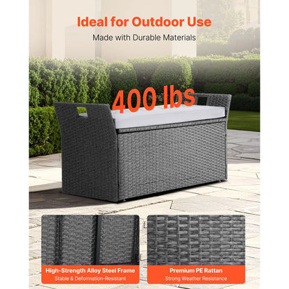Outdoor Storage Bench, 2Person PE Rattan, 40Gal Deck Box w/Cushion&Side Handle Support up to 400lb, Weatherproof