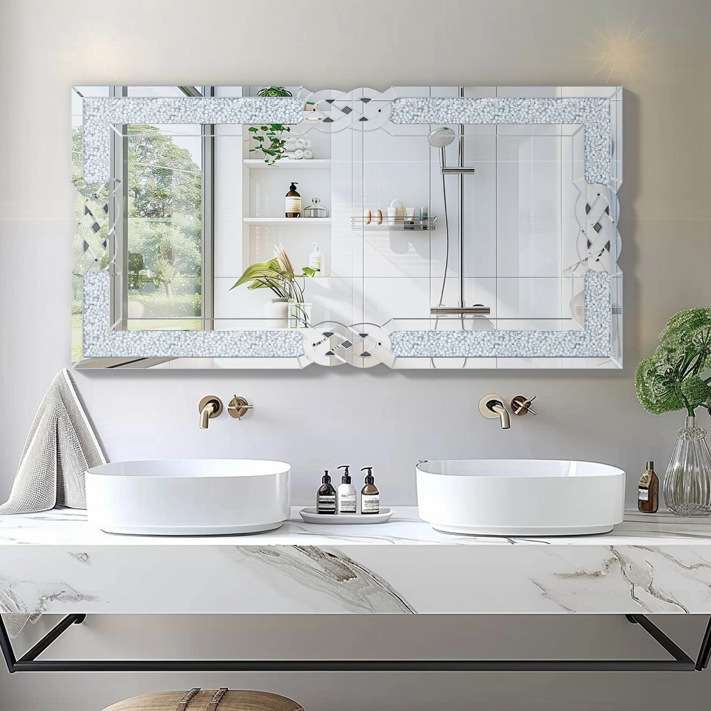 Crushed Diamond Wall Mirror, Rectangular Glass, Silver with Decorative Crystal Frame Edge