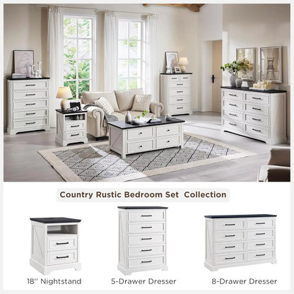 18 Inch Farmhouse Nightstands Set of 2, 2 Drawer Storage & Charging Station