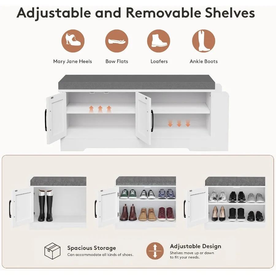Farmhouse Shoe Storage Bench with 3-in-1 Entryway Storage and Padded Seat