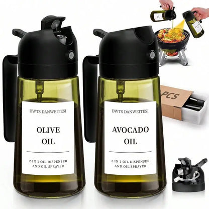 2PCS Glass Olive Oil Bottles, 2-In-1 Dropper & Oil Sprayer Kitchen Gadgets, Dark Green Glass For Anti-Oxidation, 16oz/480ml Seasoning Storage Bottles, Oil Sprayer & Dispenser, Perfect Housewarming Gift!