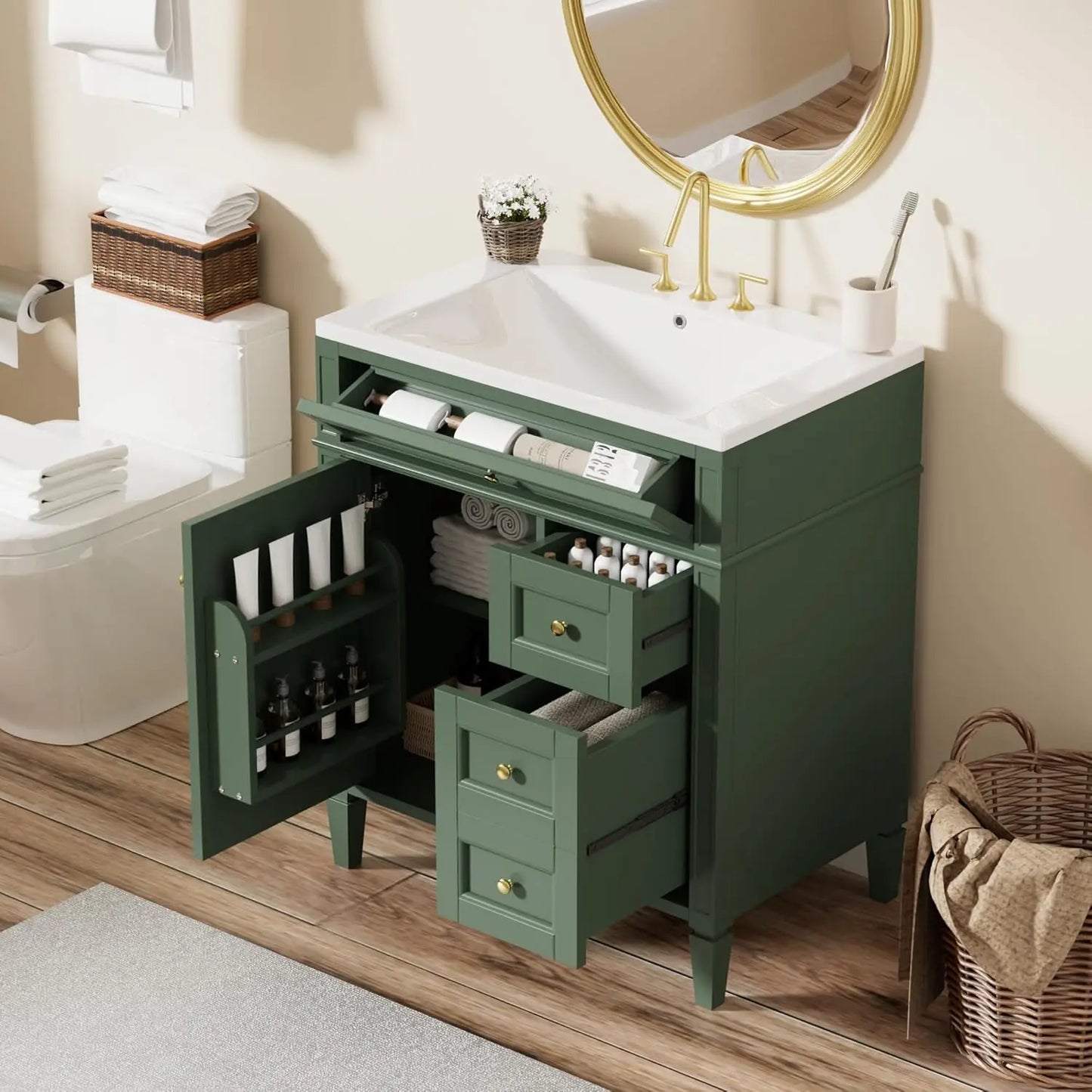 30" Bathroom Vanity with Sink, Modern Single Door, 2 Tip-Out Drawers
