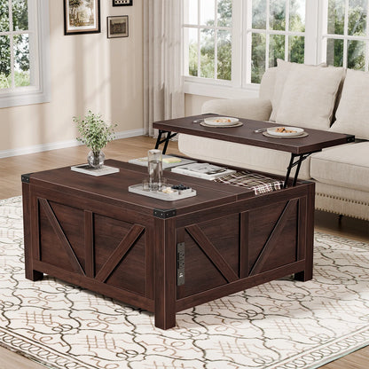35.6IN Lift Top Coffee Table with Charging Station and Storage Shelf, Easy Lift Or Lower, Square Wood Table, Hidden Storage for Living Room