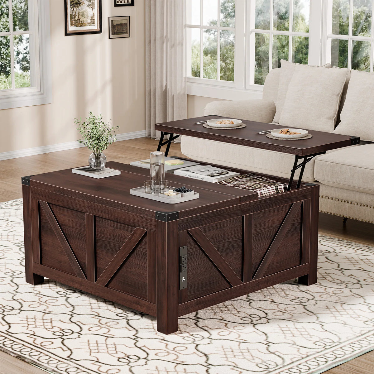 35.6IN Lift Top Coffee Table with Charging Station and Storage Shelf, Easy Lift Or Lower, Square Wood Table, Hidden Storage for Living Room