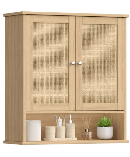 27.6" H Bathroom Wall Cabinet, Modern With Adjustable Shelf & 2 Rattan Doors