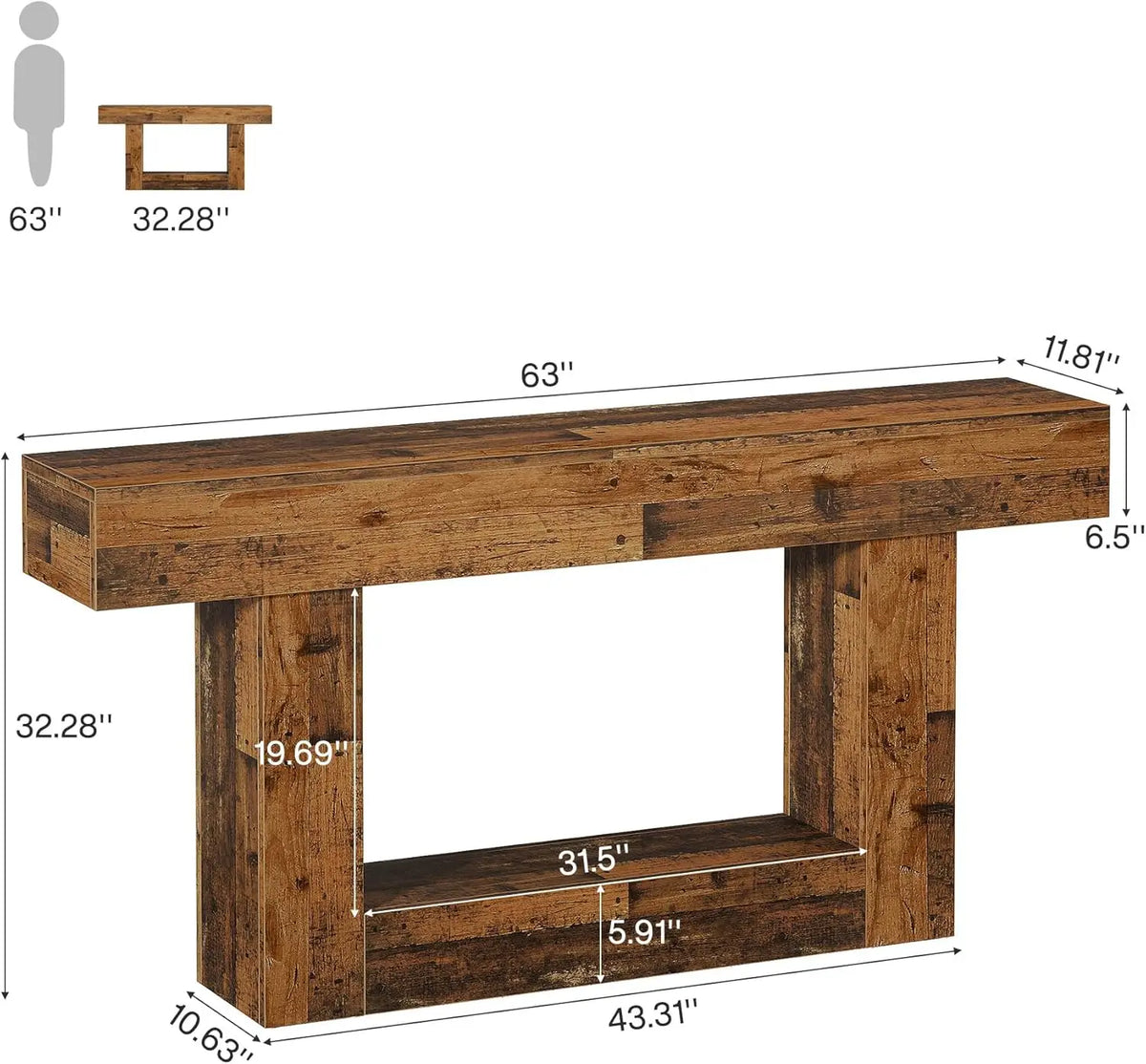 63" Console Table, Farmhouse 2-Tier Entryway Table with U-Shaped Base, Narrow Long Wood Sofa Table, Behind Couch Table