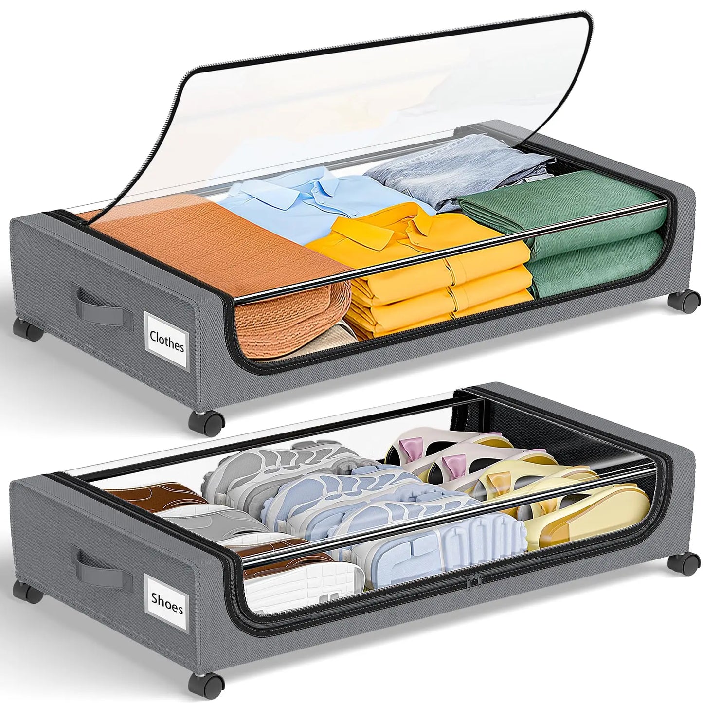 Under Bed Storage With Wheels, 2-Pack 48L Each With Clear Lids & Label,