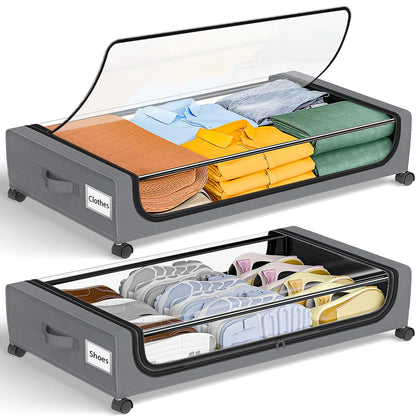 Under Bed Storage With Wheels, 2-Pack 48L Each With Clear Lids & Label,