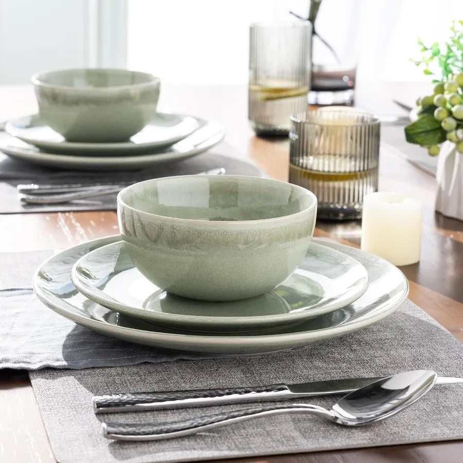 Ceramic Dinnerware Sets for 4, 12 Piece Handpainted Plates and Bowls, Scratch Resistant Stoneware Dishes