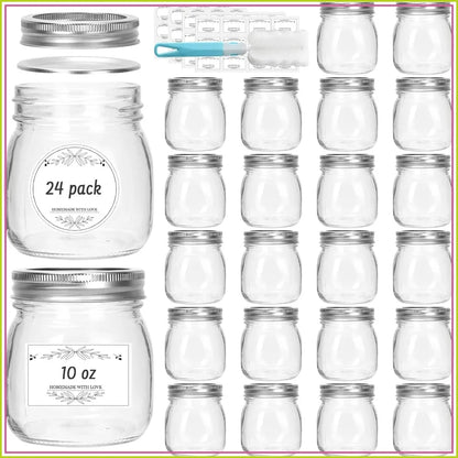 10 oz Glass Mason Jars, 24 Pack Regular Mouth with Silver Lids & Bands