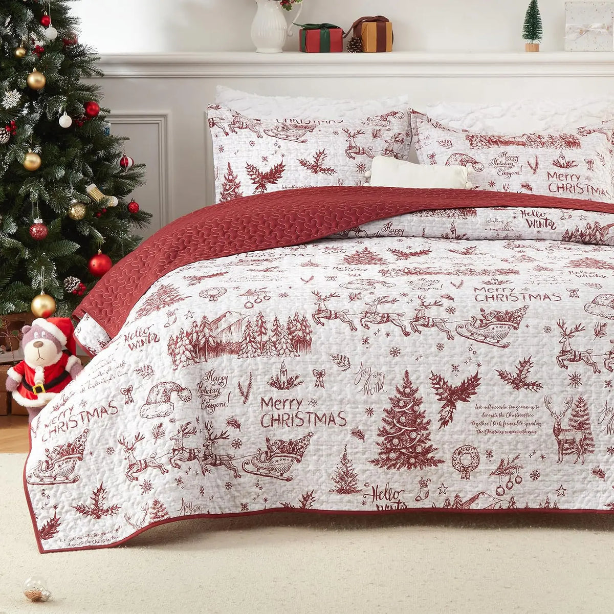 3 Piece Christmas Quilt Set, King Size Breathable Holiday Bedspread Coverlet, Winter Bedding Holiday Season, Bedroom Decor, Soft Breathable  For Xmas Decor QuiltX1,PillowcasesX2