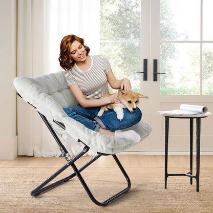 Cozy Saucer Chairs of Soft Faux Fur, Folding Lounge for Living Room, Padded Seat Metal Frame