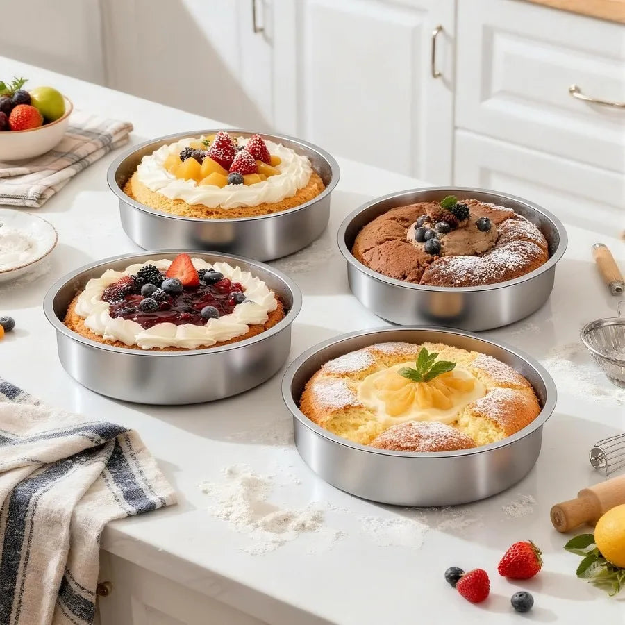 8 Inch Cake Pan Set of 4, Stainless Steel Round, Stackable, Dishwasher Safe