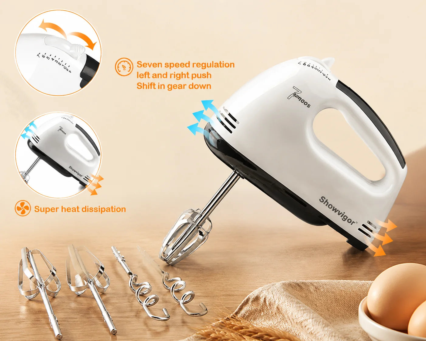 7 Speed Portable Electric Handheld Mixer with 5 Stainless Steel Accessories