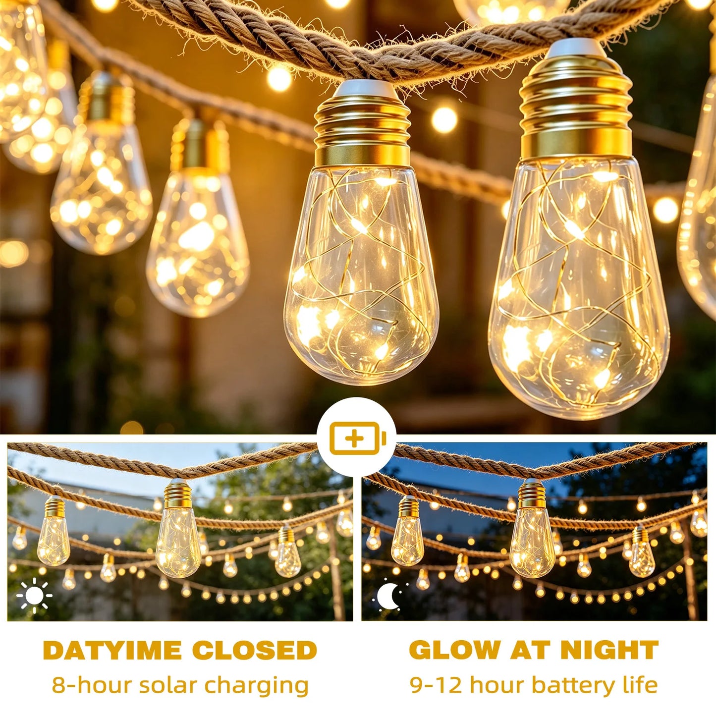 1pack solar retro hemp rope string light, 38.1/18.1FT outdoor string light, 10 modes, automatic switch