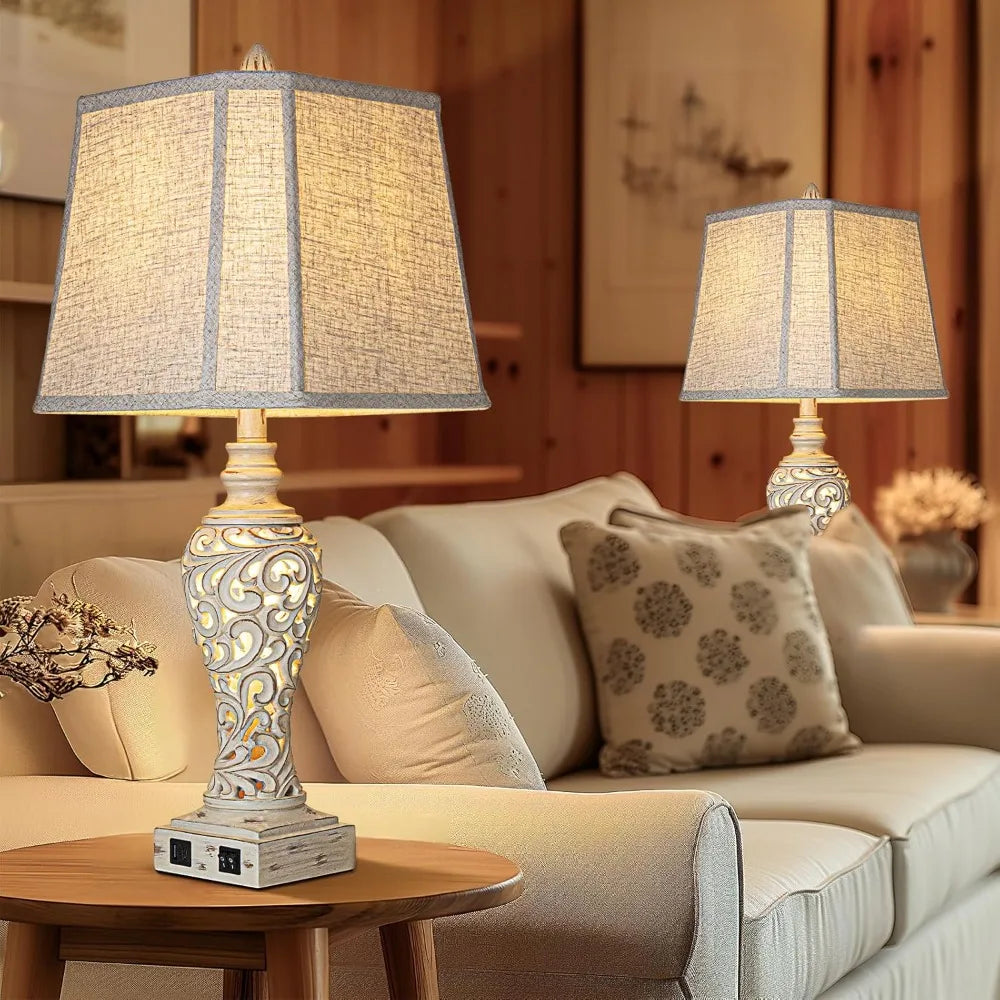 28.5" Table Lamps Set of 2 with Fabric Shades for Bedroom and Living Room with USB