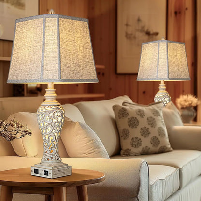 28.5" Table Lamps Set of 2 with Fabric Shades for Bedroom and Living Room with USB