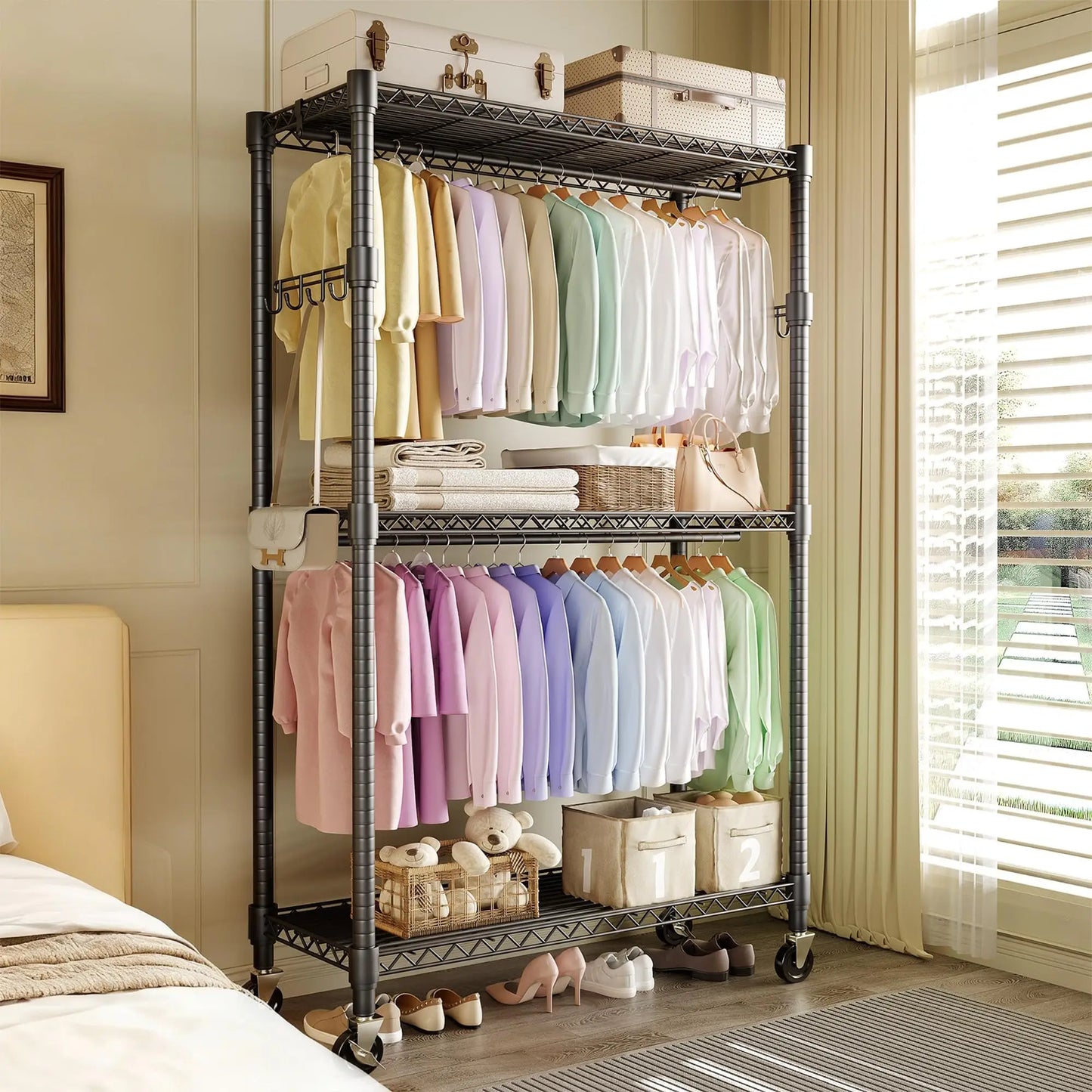 3-Tier Heavy Duty Rolling Metal Garment Rack With Adjustable Shelves & Dual Hanging Rods