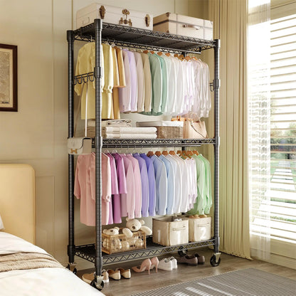 3-Tier Heavy Duty Rolling Metal Garment Rack With Adjustable Shelves & Dual Hanging Rods