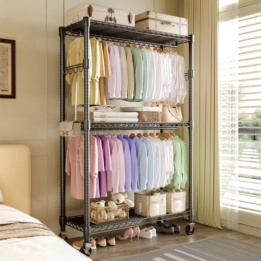 3-Tier Heavy Duty Rolling Metal Garment Rack With Adjustable Shelves & Dual Hanging Rods