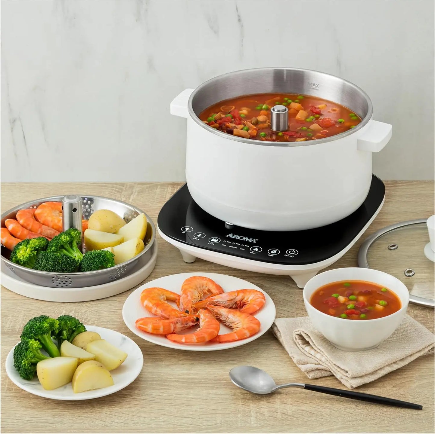 2.5-Liter Smart Electric Hot Pot & Steamer with Automatic Stainless Steel Steamer Basket Lift