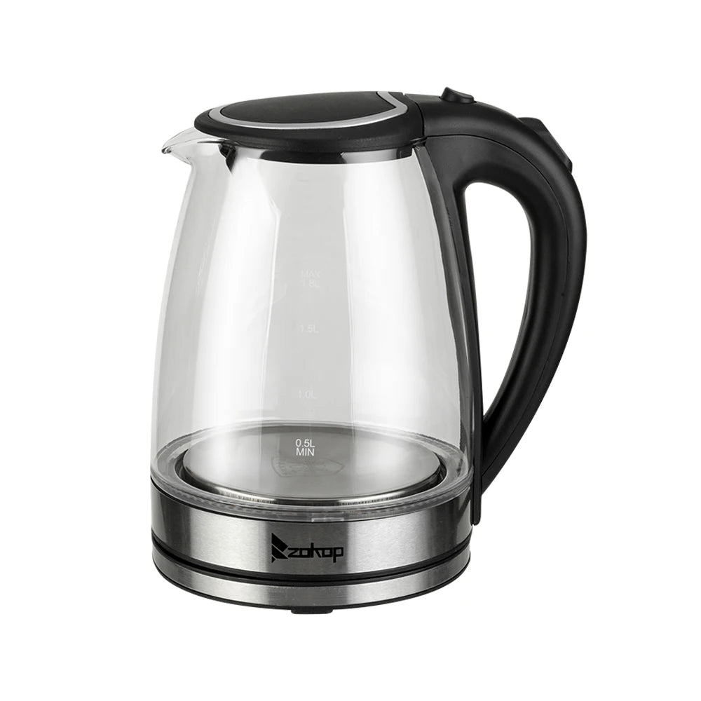 110V 1200W 1.8L Electric Glass Kettle, US Plug, Borosilicate Glass, Blue LED Auto Shut Off 360 Rotation Base