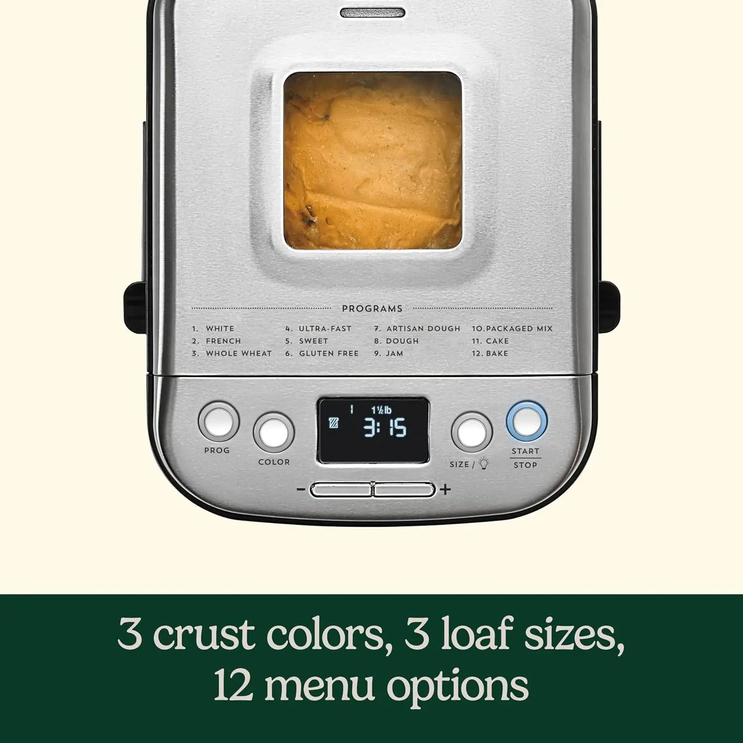 Automatic Stainless Steel Bread Machine with 12 Menus, 3 Loaf Sizes up to 2 Lb., and Removable Nonstick Pan