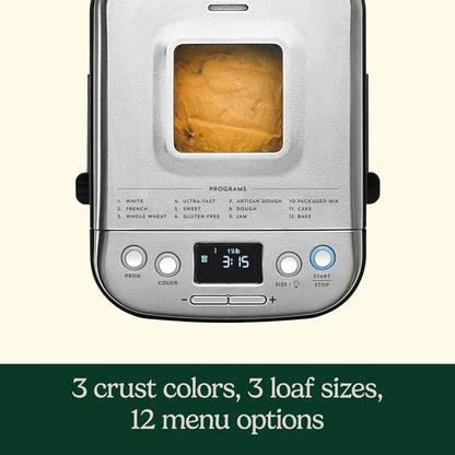 Automatic Stainless Steel Bread Machine with 12 Menus, 3 Loaf Sizes up to 2 Lb., and Removable Nonstick Pan