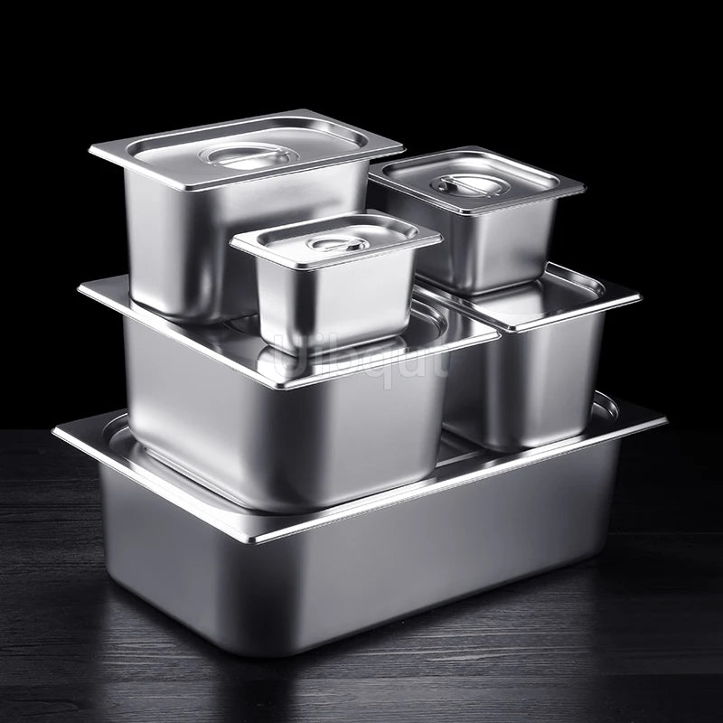 Square pot Kitchen Pans, 304 stainless steel 1/9 1/6 1/4 1/3 Food Chafing pans, Buffet Containers Lid 0.7 mm
