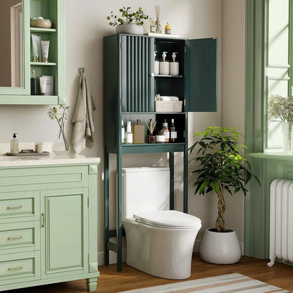Over The Toilet Storage Cabinet, Bathroom Organizer w/Fluted Doors, Adjustable Shelf& Bottom Bar