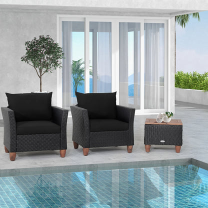 3PCS Patio Rattan Furniture Set, Cushioned Sofa, Storage Table with Wood Top, Black